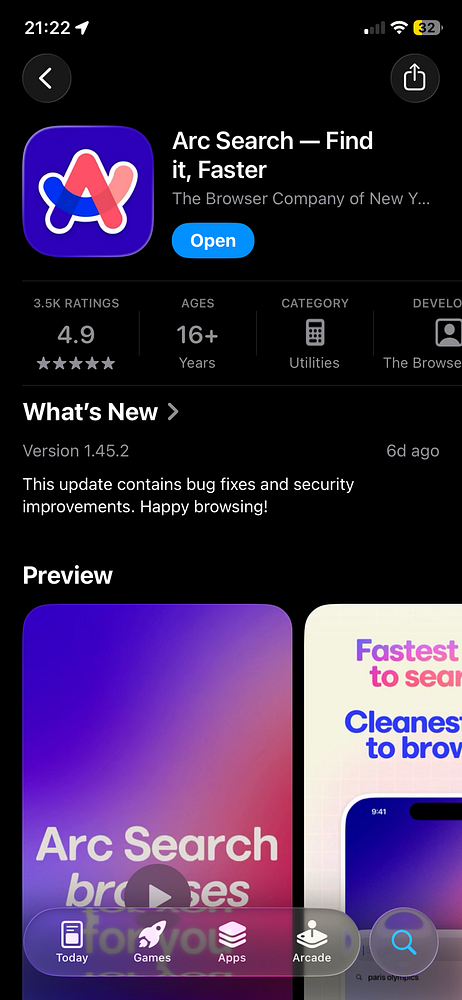 The image displays the App Store page for the Arc Search app on an iOS device.