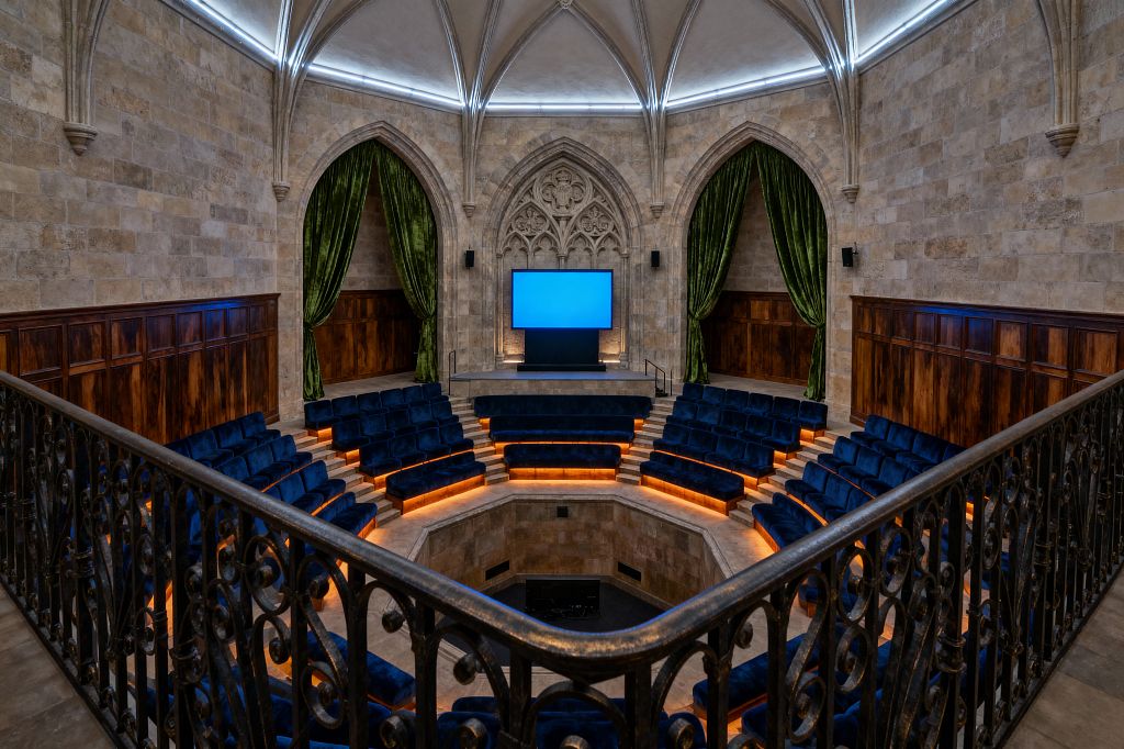 A media room set in a Gothic stone hall features ribbed vaulted ceilings, pointed arches, and carved tracery framing a flat-screen display. Tiered amphitheater seating in deep blue velvet circles the pit with amber LED step lights, emerald velvet curtains drape within side arches, dark wood wainscoting lines the walls, black wall speakers flank the screen, and a wrought-iron balcony rail frames the view.
