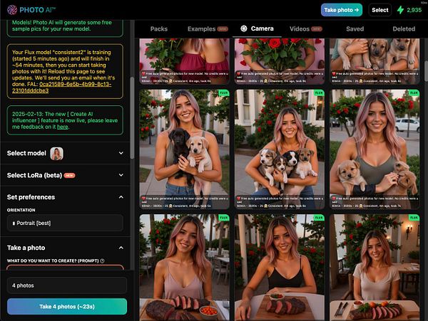 The image displays a user interface for an AI photo generation tool featuring a model with puppies and various photo examples.