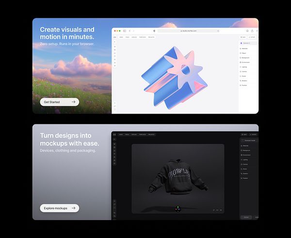 A modern, minimalist landing page design for Morflax Studio featuring geometric shapes and a clean layout.