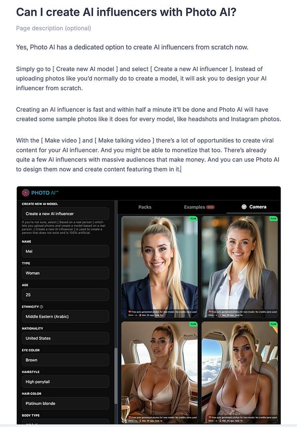 The image displays a user interface for creating AI influencers using Photo AI, featuring sample photos and input fields for customization.