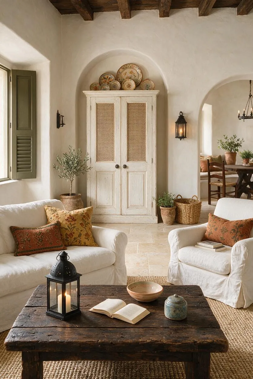 A Mediterranean-style living room with white slipcovered sofas, warm terracotta and floral cushions, a dark rustic wood coffee table, and a woven jute rug. The room features plaster walls, exposed dark ceiling beams, arched wall niches, a vintage cabinet with woven cane doors, and decorative pottery and lanterns.