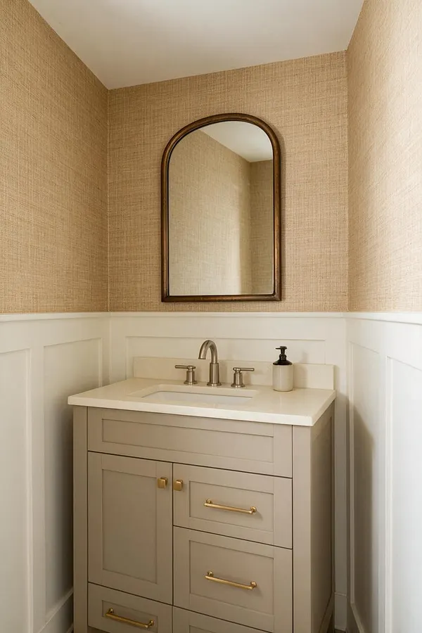 A compact powder room with woven beige wallpaper, white wainscoting, and a taupe vanity topped with a white countertop. An arched wood-framed mirror hangs above a brushed metal faucet, with gold hardware and a small soap dispenser completing the look.