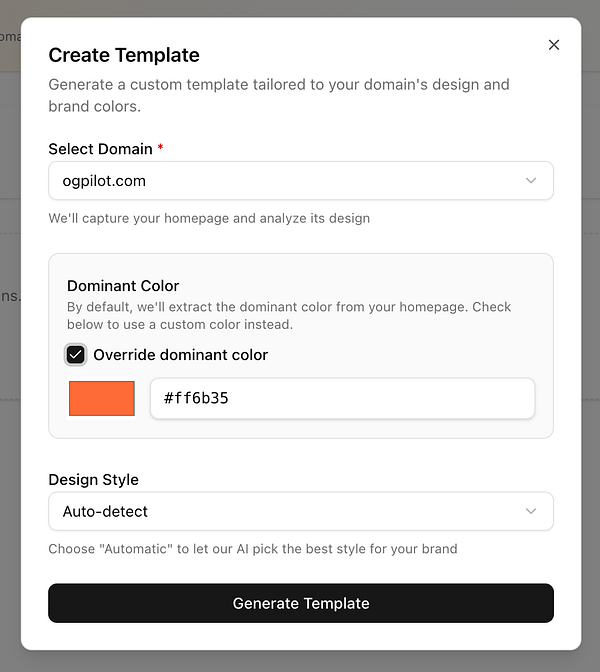The image displays a user interface for creating a custom template for a website.