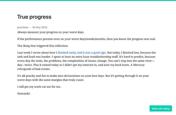 A reflective blog post discussing personal progress and challenges faced on difficult days.