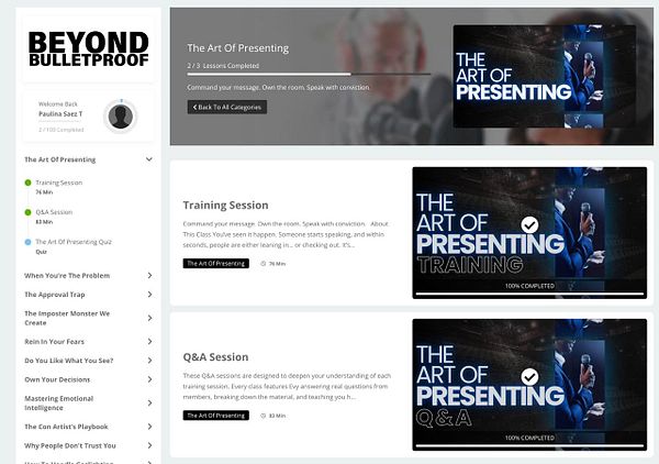 Screenshot of an online course module titled 'The Art of Presenting' showing progress and various lesson components.