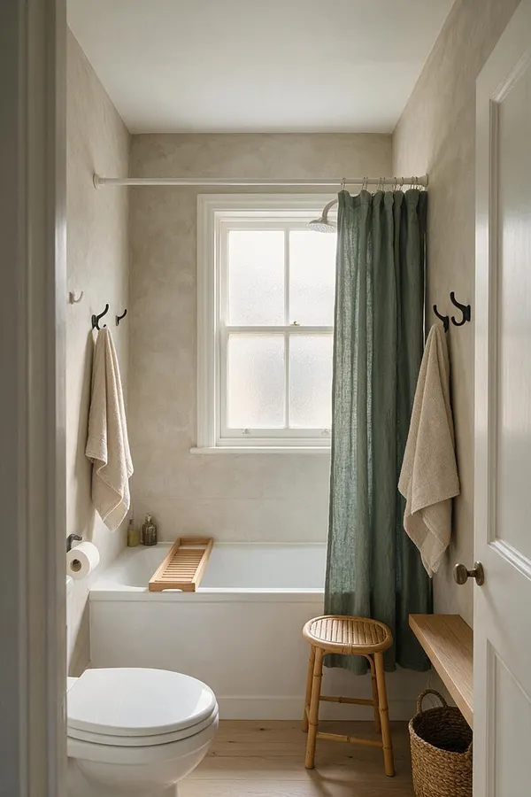 A narrow Japandi-style bathroom with a white bathtub beneath a frosted window, beige textured walls, and a deep green shower curtain. Light wood accents include a bath tray, stool, shelf, and woven basket, while neutral towels hang on black hooks beside a white toilet in the foreground.