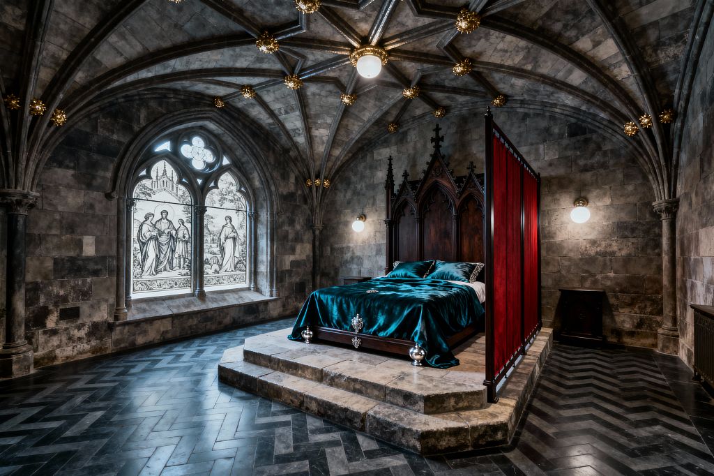 A dramatic Gothic bedroom features ribbed stone vaulting with gold bosses and a central globe pendant above a carved dark-wood bed raised on a stepped limestone platform. Teal velvet bedding and a crimson velvet screen contrast with charcoal stone walls and a black herringbone floor; opal globe sconces flank the bed, and a large pointed-arch window with leaded grayscale stained glass filters soft light for a chapel-like, historic atmosphere.