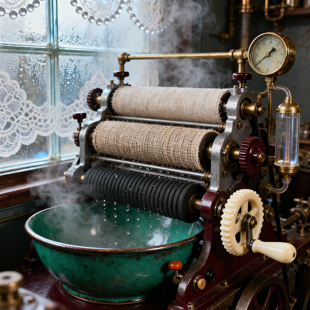 A close-up of a steampunk-style laundry setup shows a hand-cranked roller mangle built from burgundy cast iron with brass fittings, a pressure gauge, and a clear glass sight tube. Ribbed black rollers and linen-wrapped drums squeeze water that drips into a teal enamel basin as steam rises; behind, a wood-framed window with lace trim is dotted with condensation, with soft daylight revealing gears, knobs, and an ivory-colored crank handle.