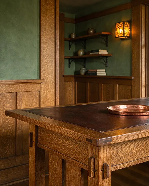 A Craftsman-style home office with rich wood paneling, a substantial wooden desk in the foreground, and built-in wall shelves in the back nook. Soft green walls, dark metal shelf brackets, and a warm amber wall sconce create a cozy, handcrafted atmosphere.