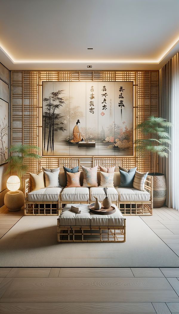 An interior room showcasing Asian Style design, with bamboo furniture, silk cushions, and artwork inspired by Asian cultures.