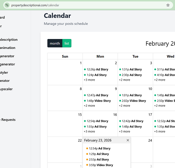 Instagram Stories scheduling interface showing a villa-themed story with Mediterranean villa imagery and timeline settings on the right sidebar.