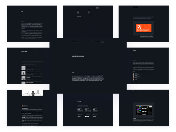 The image displays a multi-panel layout of a website showcasing a product designer's portfolio and thoughts.