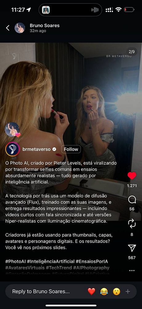 A woman is applying lipstick while looking at her reflection in a mirror, with a bright light illuminating the scene.