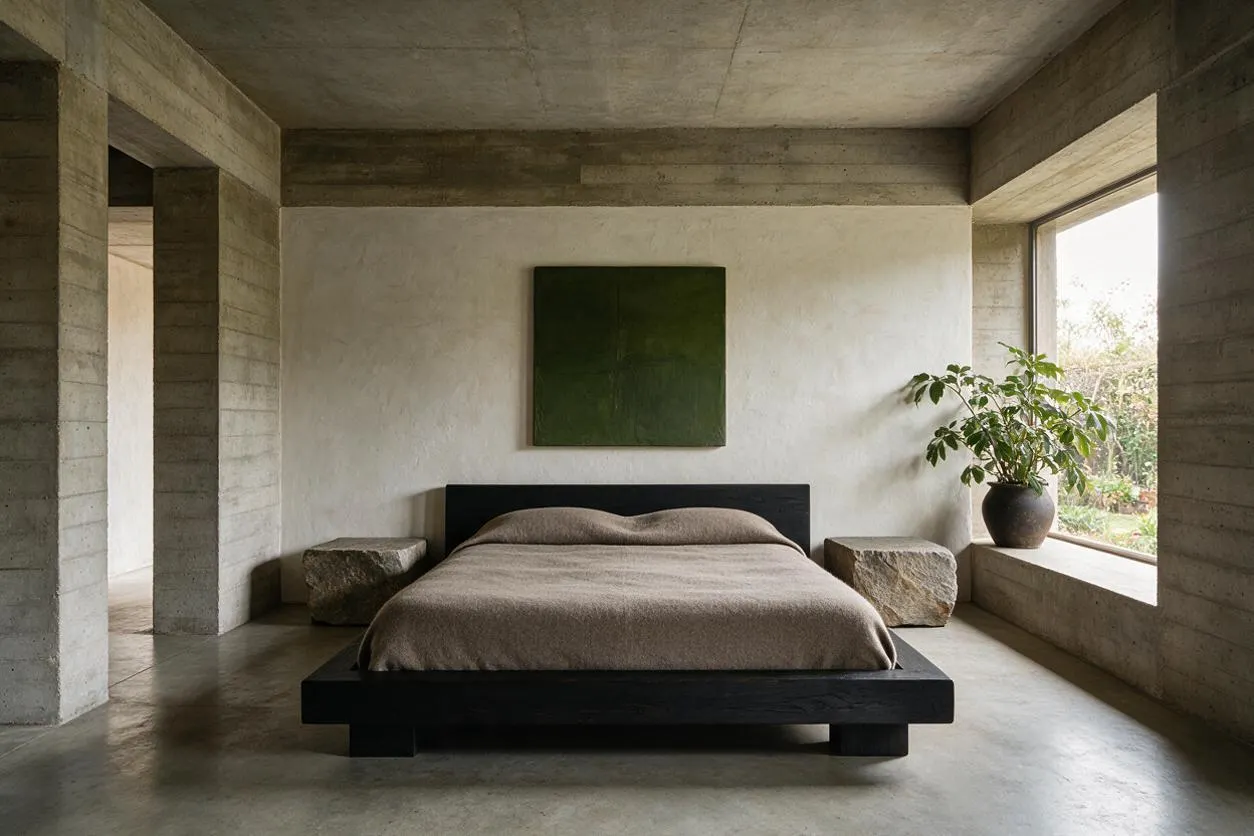 A sparse bedroom with raw concrete walls and ceiling, a low black platform bed dressed in neutral bedding, and rough stone block nightstands on both sides. A large window seat holds a potted plant, while a simple green wall artwork adds color to the otherwise muted space.