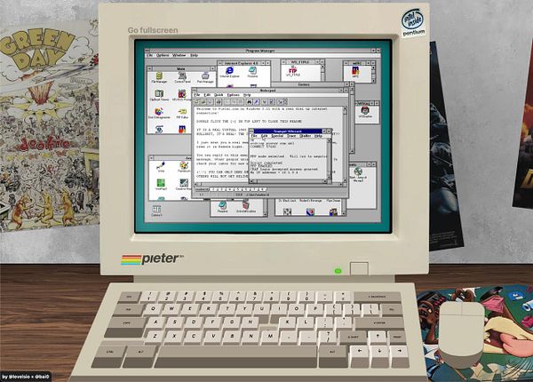 A vintage computer setup featuring a retro monitor displaying a virtual desktop environment reminiscent of the 1990s.