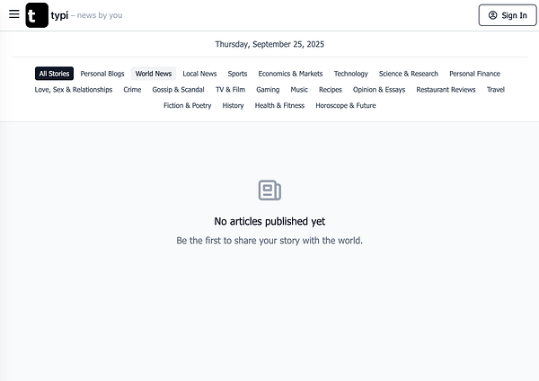 The image displays a news website interface with no articles published.