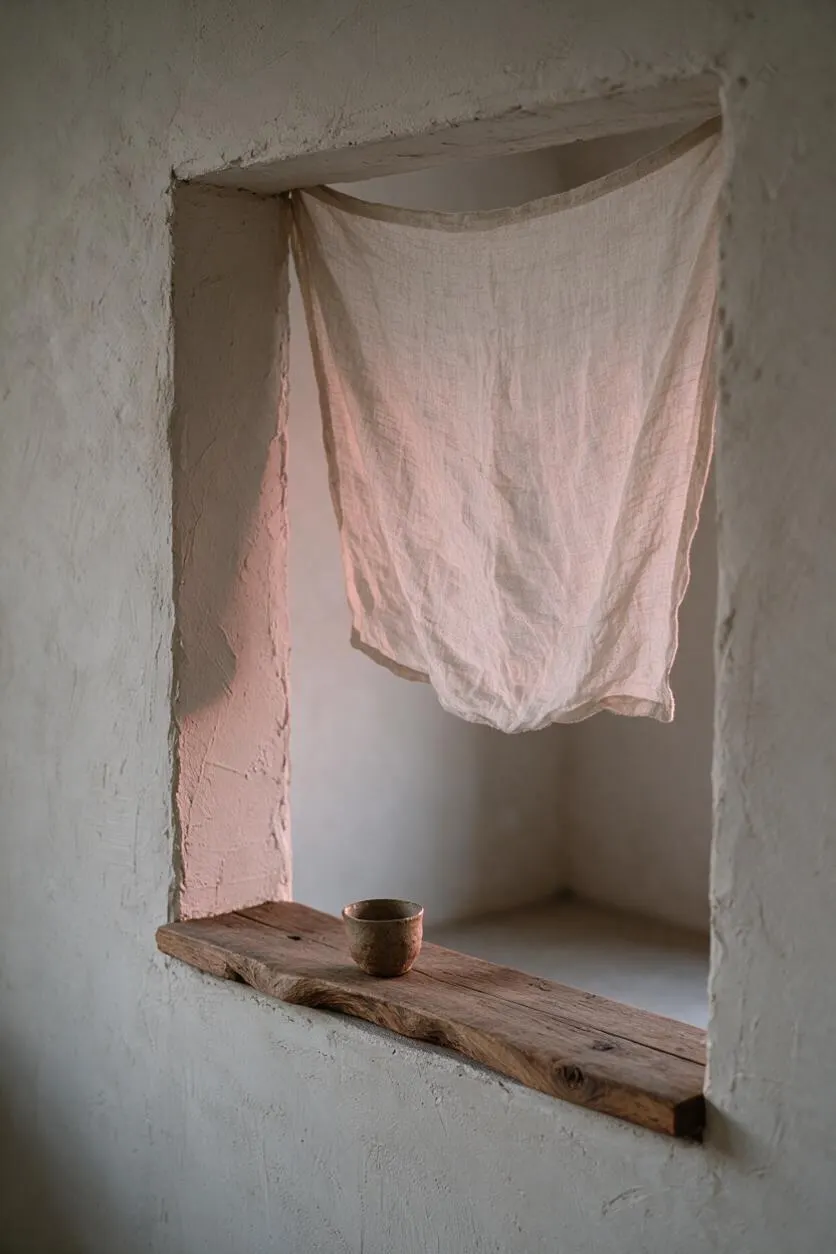 A small plaster niche with rough, organic edges holds a natural linen cloth draped from the top and a tiny ceramic cup resting on a reclaimed wood ledge. The palette is soft and earthy, with warm beige, muted pink light, and weathered brown wood creating a calm Wabi-Sabi vignette.