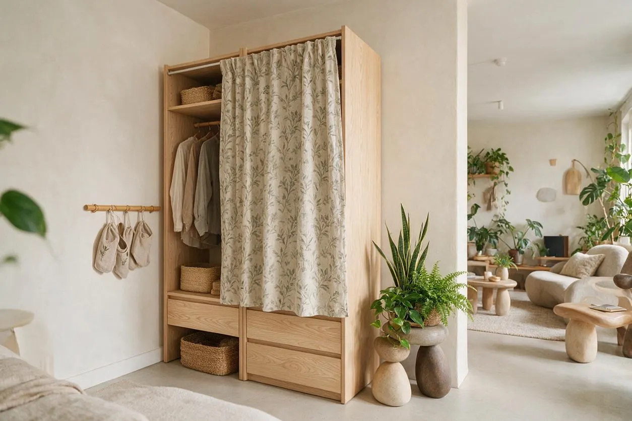 A serene biophilic closet made of light oak sits in a soft neutral room, with a botanical-patterned curtain covering part of the hanging section. Open shelves hold woven baskets and neutral clothing, while a small wall-mounted rod displays accessories. Potted greenery nearby reinforces the natural, calming atmosphere.