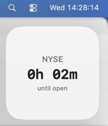 Screenshot of a macOS desktop showing date/time widgets including one counting down to NYSE open time.