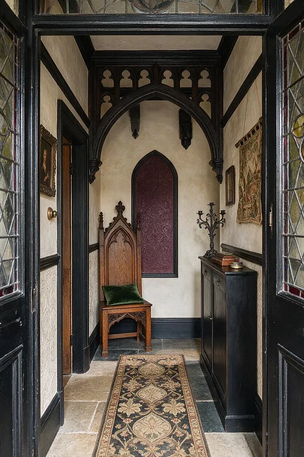A narrow Gothic-style front porch entry with pointed arches, dark wood trim, leaded glass sidelights, and cream textured walls. The space includes a carved wooden chair with a green cushion, a black cabinet with a decorative candelabra, and a patterned runner rug on a stone floor.