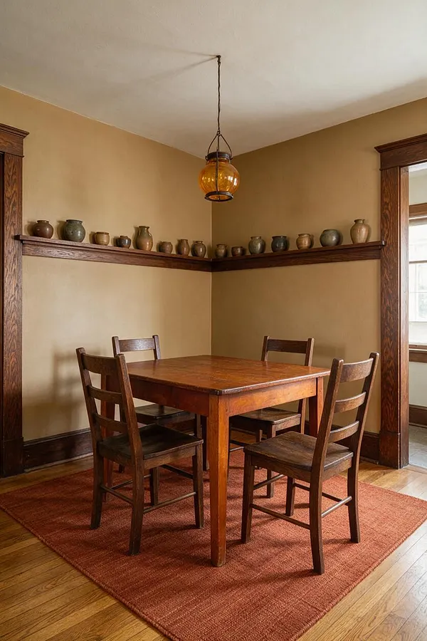 A small Craftsman-style dining room with a square wooden table and four matching wooden chairs centered on a rust-colored rug. Beige walls, dark wood trim, a built-in shelf lined with small pottery vessels, and an amber glass pendant light create a warm, simple atmosphere.