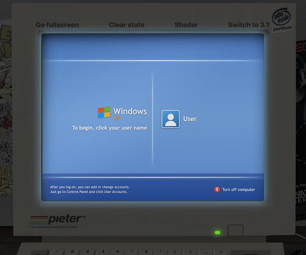 A Windows XP login screen with distorted and colorful graphic elements including exaggerated avatar icons and an unusual background.