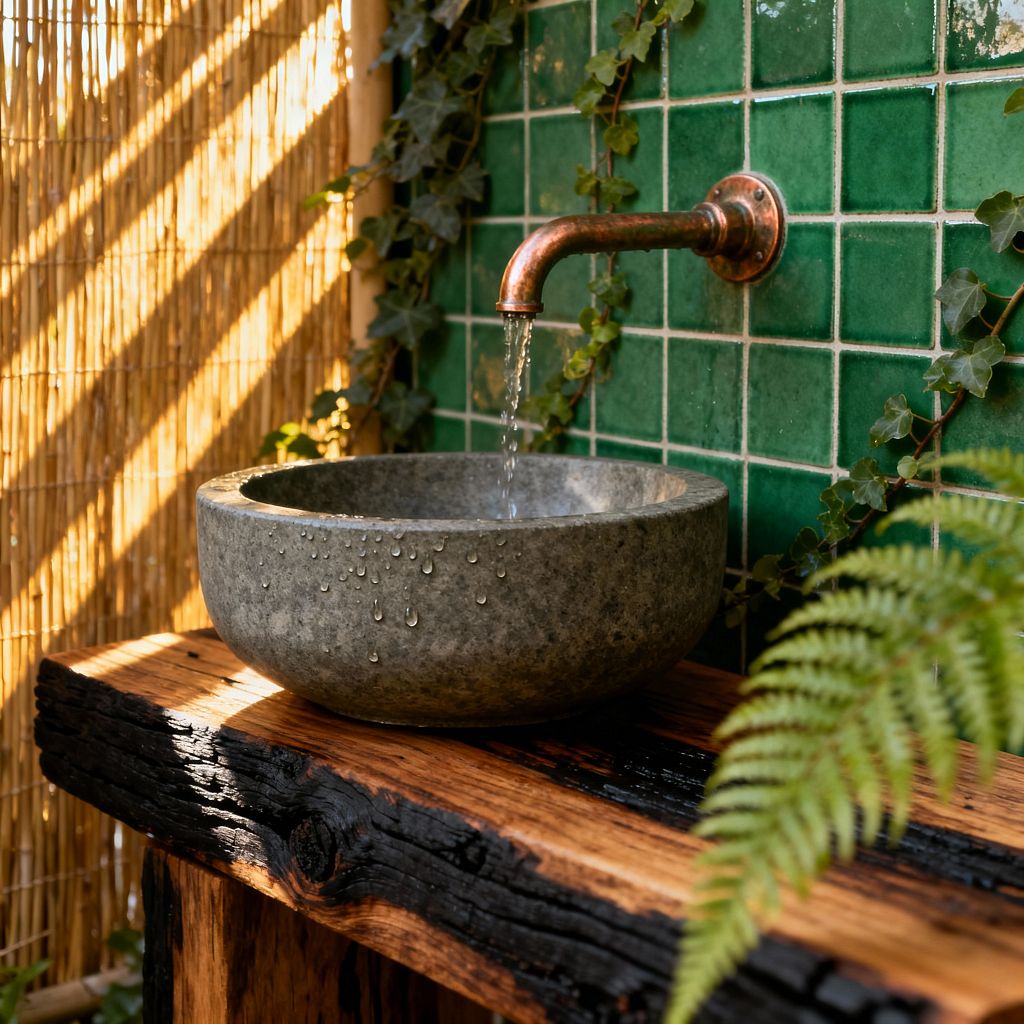 A biophilic bathroom vignette shows a round gray stone vessel sink on a charred live-edge wooden vanity with droplets on the rim, while a copper wall spout trickles water. Behind it, glossy emerald green square tiles are threaded with climbing ivy, and a bamboo reed screen at left filters warm sunlight that casts striped shadows; a fern frond softens the foreground.