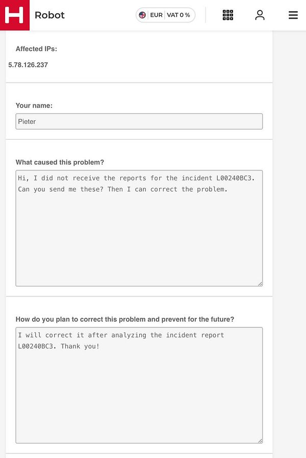 A form submission interface for reporting an incident to Hetzner regarding a blocked server.