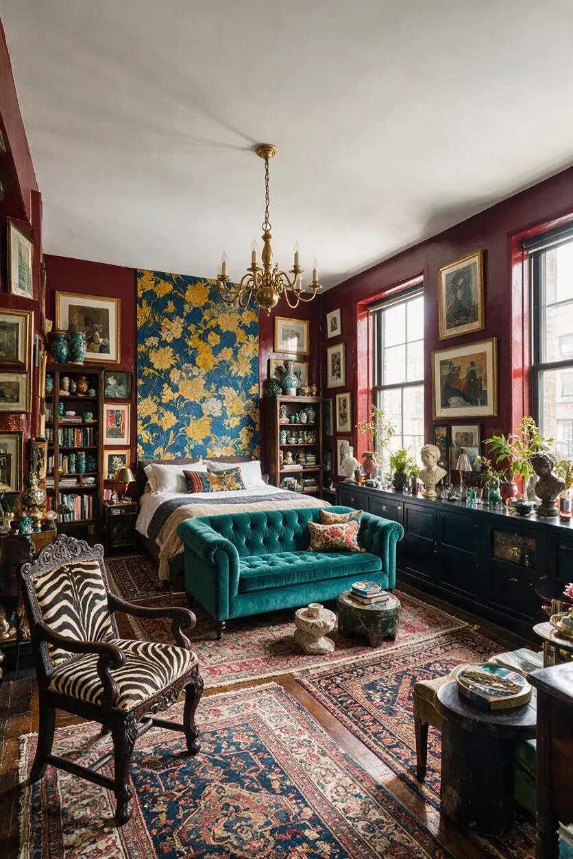 A maximalist studio apartment with deep burgundy walls, a large floral accent panel behind the bed, and layered Persian-style rugs across the floor. The room includes a teal velvet loveseat, a zebra-print armchair, dark storage cabinets, gold-framed artwork, a brass chandelier, and tall windows filling the space with daylight.