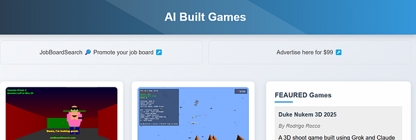 The image displays a webpage for 'AI Built Games' featuring game advertisements and a promotional section.