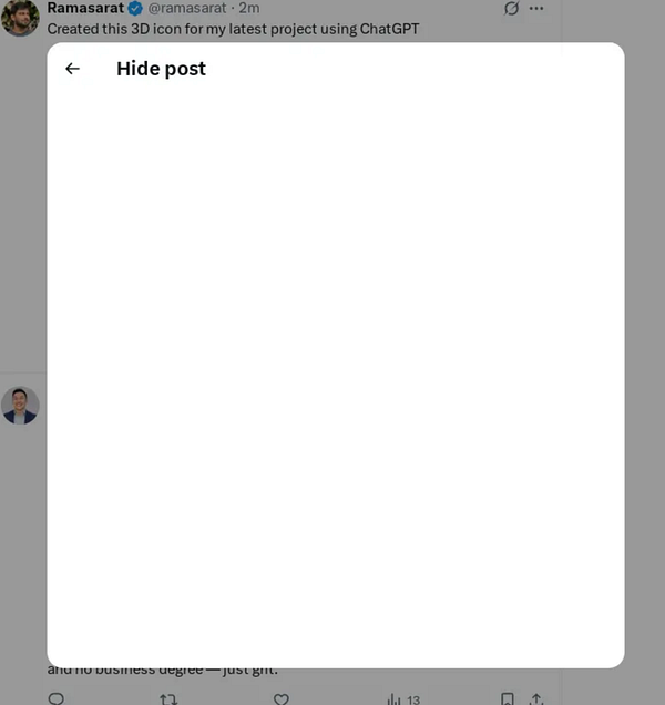 A blank 'Hide post' modal is displayed in a user interface.