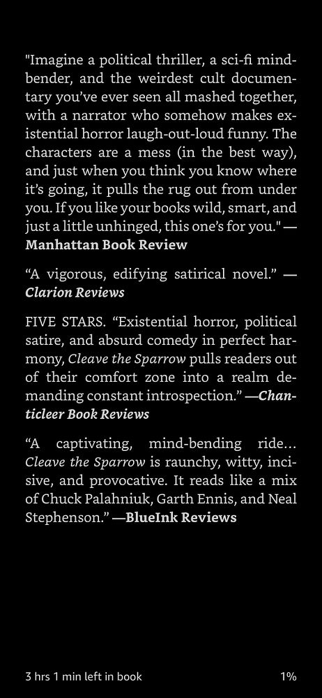 The image displays a page of reviews for the book 'Cleave the Sparrow'.