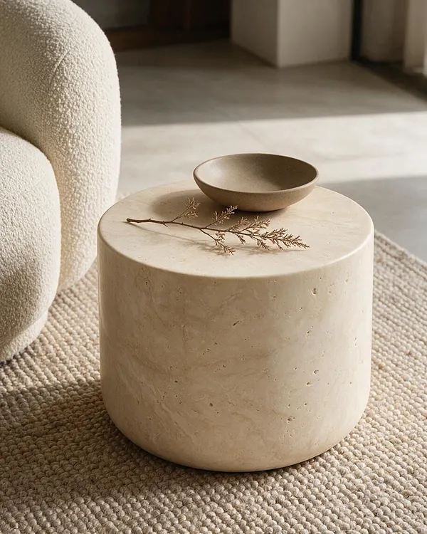 A modern living room corner with a round cream stone pedestal table beside a textured boucle chair. A small shallow bowl and a delicate dried branch rest on top, all in warm neutral tones with soft natural light.