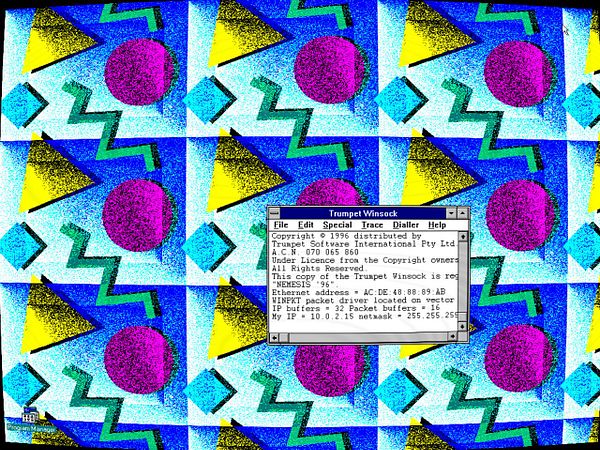 A screenshot of a Windows 3.11 desktop displaying multiple icons and a window titled 'WALLPAPER' showing Windows 3.0 wallpaper options.