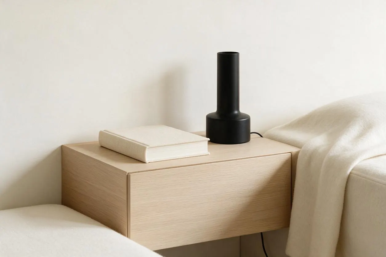 A minimalist bedroom vignette with a light oak floating nightstand against a white wall. A small cream-covered book and a black cylindrical lamp sit on top, with soft white bedding draped around the bedside.