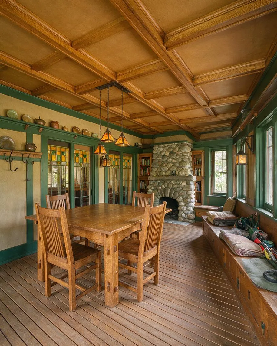 A Craftsman-style patio or screened porch with a coffered wood ceiling, green trim, and warm wood flooring. The space includes a wooden dining table with chairs, stained glass window panels, a large stone fireplace, built-in bench seating, and amber pendant lights.