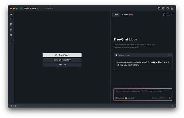The image displays a user interface for a coding tool featuring a chat mode and project management options.
