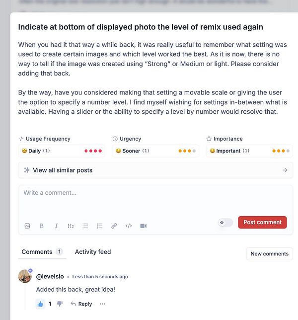 A task interface discussing the addition of remix strength metadata to images.
