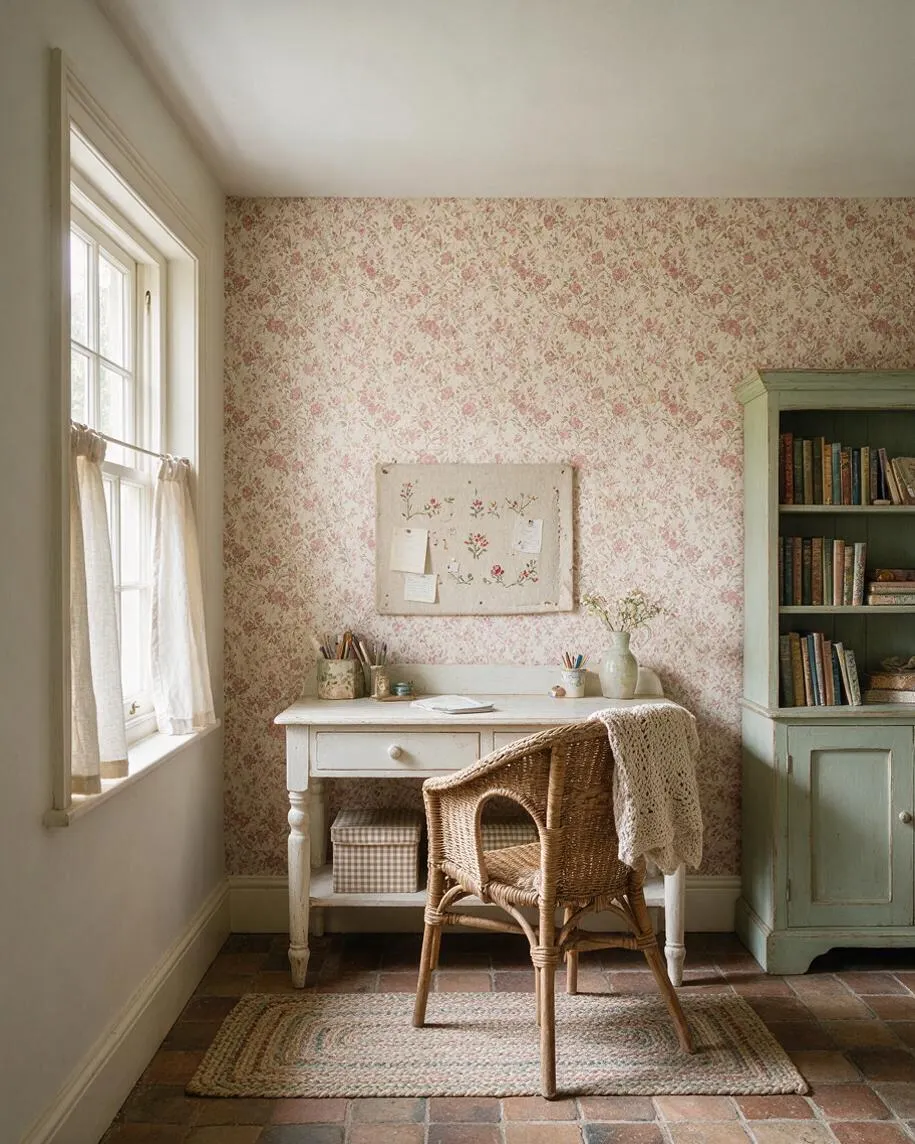 A cozy cottagecore home office with pink floral wallpaper, a white painted desk, and a wicker chair draped with a knitted throw. A tall window with sheer curtains brings in soft daylight, while a pale green bookcase and terracotta tile floor add rustic charm.