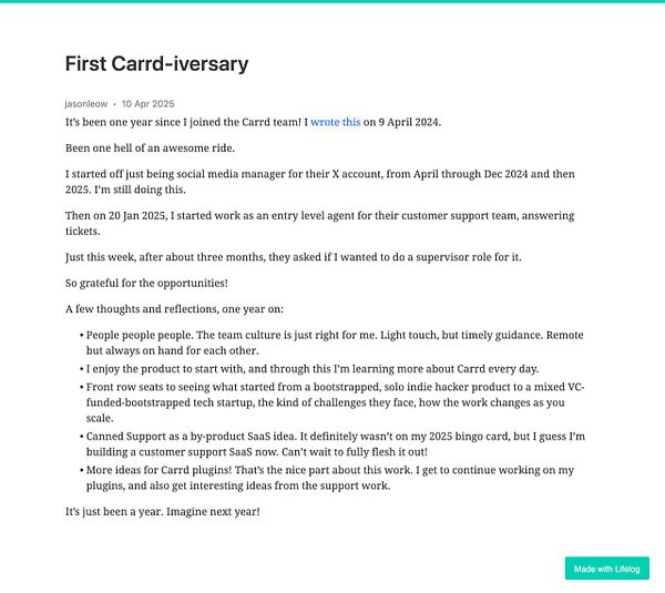 A personal reflection on the first anniversary of joining the Carrd team, detailing experiences and insights gained over the year.
