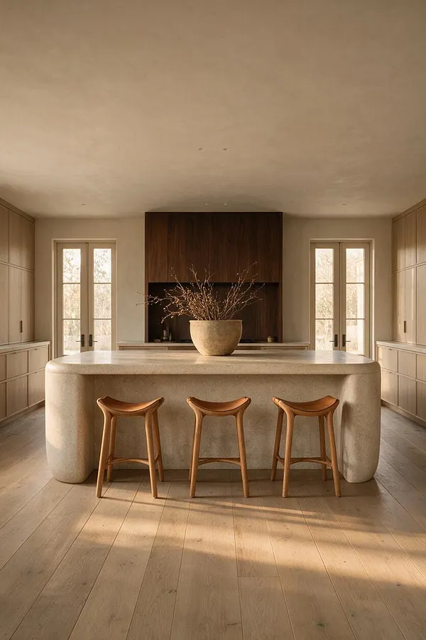A serene organic modern kitchen with a rounded stone island centered in the room, three sculptural wood stools, and pale oak flooring. Light wood cabinetry lines the walls, while a dark wood feature niche and large glass-paned doors add contrast and symmetry.