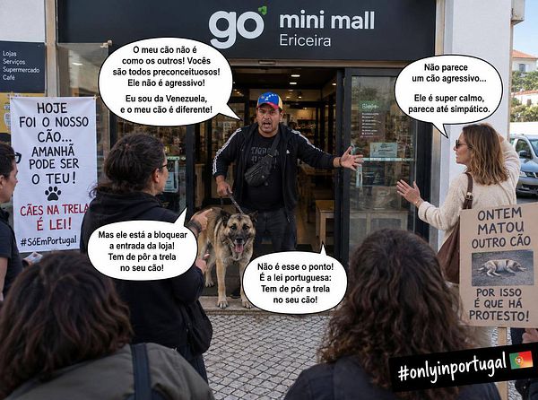 A confrontation outside the entrance of Go mini mall Ericeira involving a man with an unleashed dog and protesters demanding dog leash law enforcement.