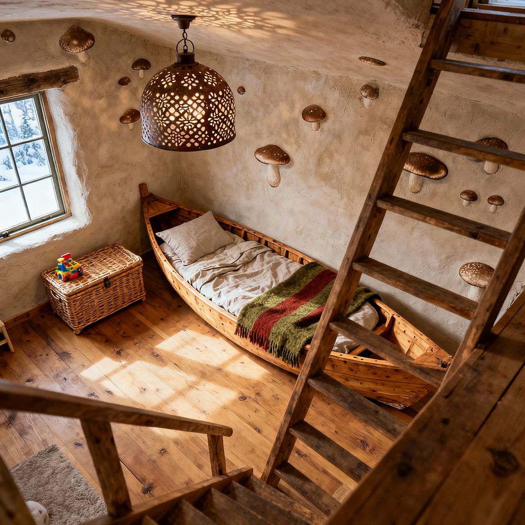 A cozy rustic kids’ room with a wooden canoe-shaped bed topped with beige linens and a green-and-rust striped wool throw on honey-toned plank flooring. Textured plaster walls display sculpted mushroom accents, and a perforated bronze pendant casts patterned light. A rattan toy chest sits near a small-paned wood window showing snow outside, while rough-hewn timber stairs and railing lead to a loft, creating a warm cabin atmosphere.