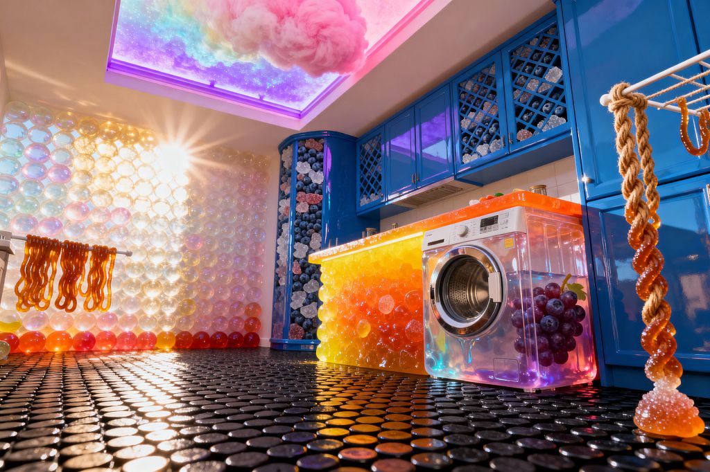 Playful laundry room with high-gloss cobalt blue cabinets and lattice doors, an iridescent bubble wall catching sunlight, and a glossy black penny-round floor. A front-load washer is sheathed in clear acrylic with grape imagery, set below a countertop base glowing in orange-to-yellow resin spheres. A white tile backsplash lines the work area. A natural rope drying rack and a tall column of translucent shapes add whimsy. Overhead, a skylight with a pink cloud casts purple and pastel light.