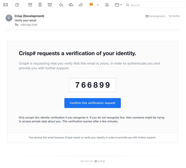 An email verification request from Crisp# for identity confirmation.