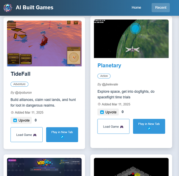 The image displays a webpage showcasing two games submitted under the title 'AI Built Games'.