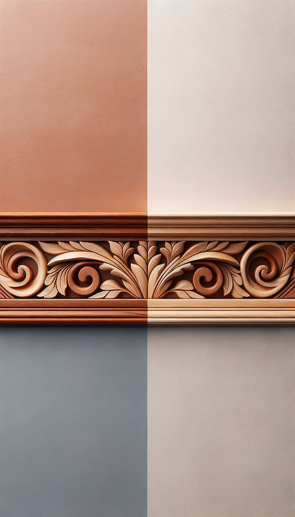 A close-up of a wooden dado rail with intricate detailing, installed on a wall painted two different colors above and below the rail.
