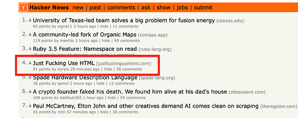 The image displays a screenshot of the Hacker News website highlighting a specific post.