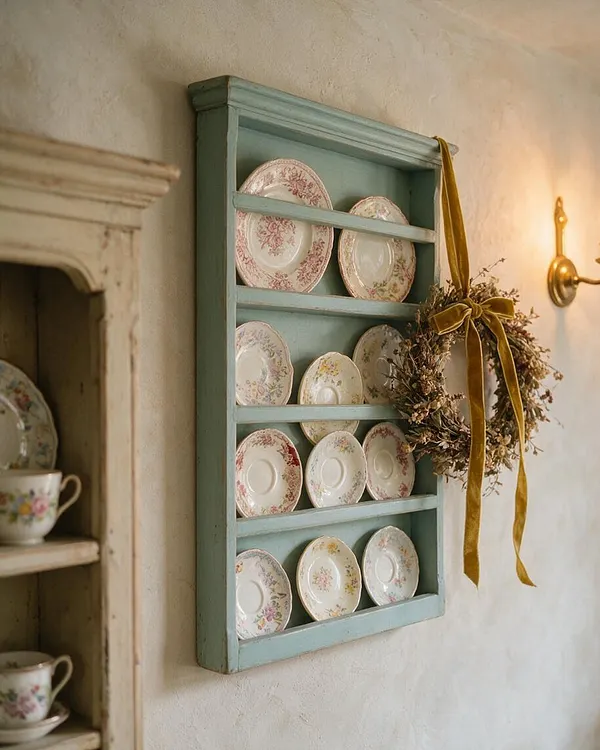 A pastel blue wall-mounted plate rack displays delicate floral china plates in neat rows, with a dried wreath tied by a mustard velvet ribbon hanging from one side. The arrangement sits on a textured cream wall beside a rustic cabinet and brass wall sconce, creating a cozy cottagecore look.